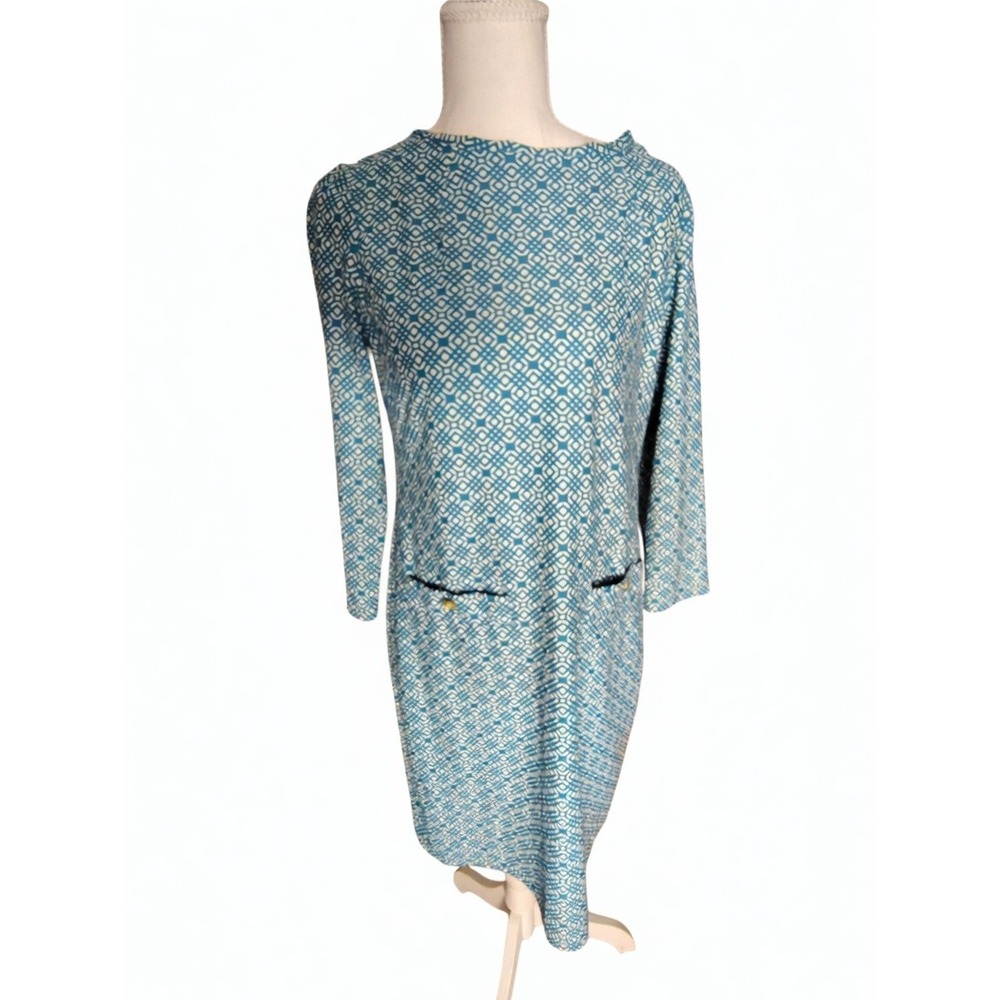 Jude‎ Connally Teal Geometric Print Shift Dress 3/4 Sleeve Pockets Size S 101007